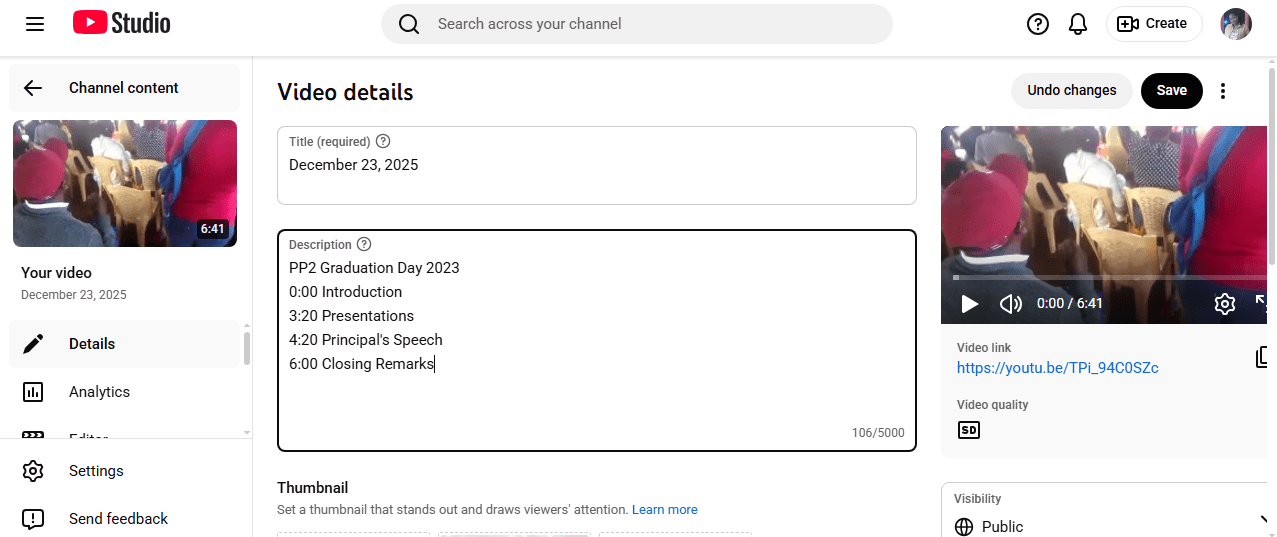Adding Timestamps on YouTube Studio