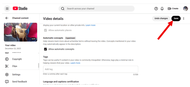 Save Changes in YouTube Studio