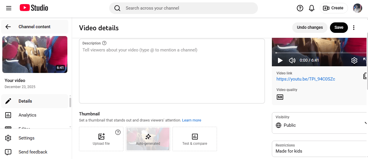 Tap Details in The YouTube Studio