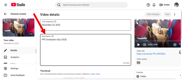 YouTube Studio Description Box