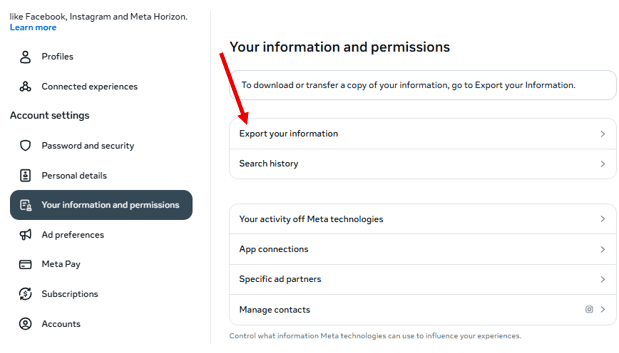 Click Export Your Information