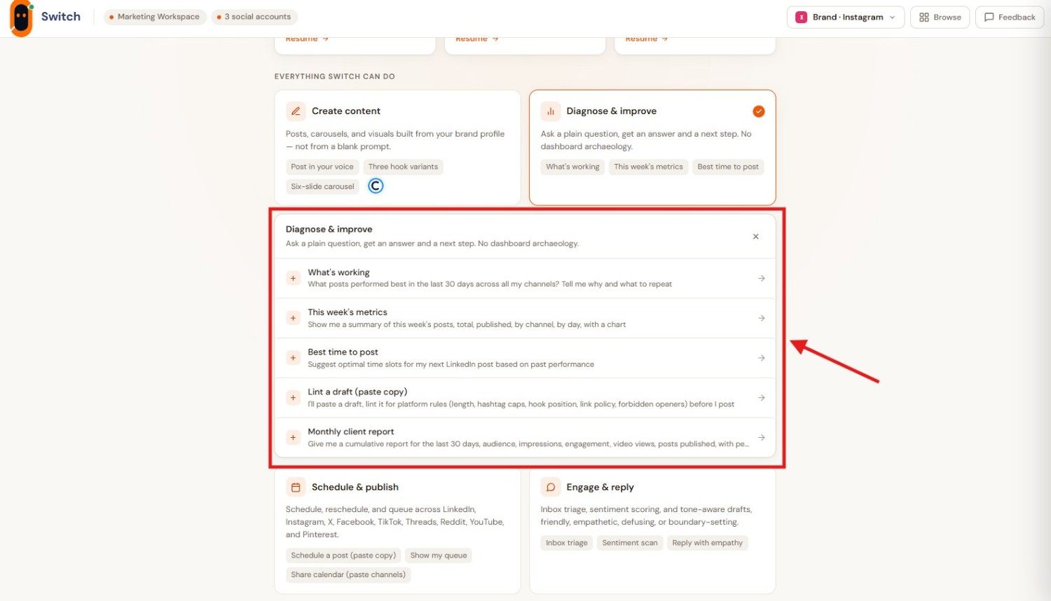 AI-Powered Social Media Analytics: From Insights to Action 3 Switch Diagnose and Improve Actions