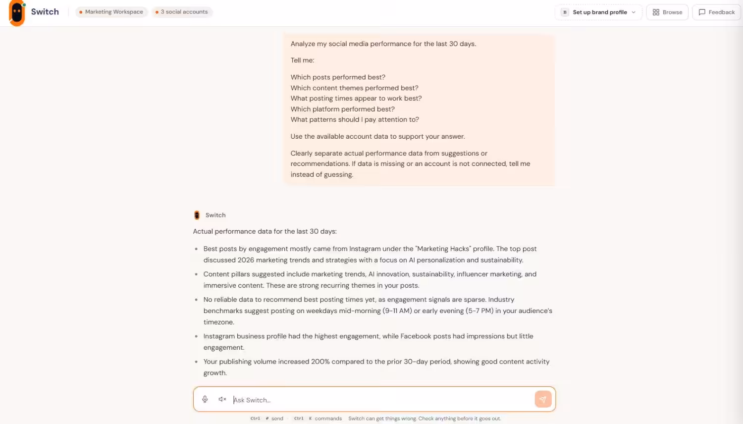 How AI Agents Are Changing Social Media Workflows 3 Social Champ's Switch Showing Social Media Performance Insights and Top-Performing Posts