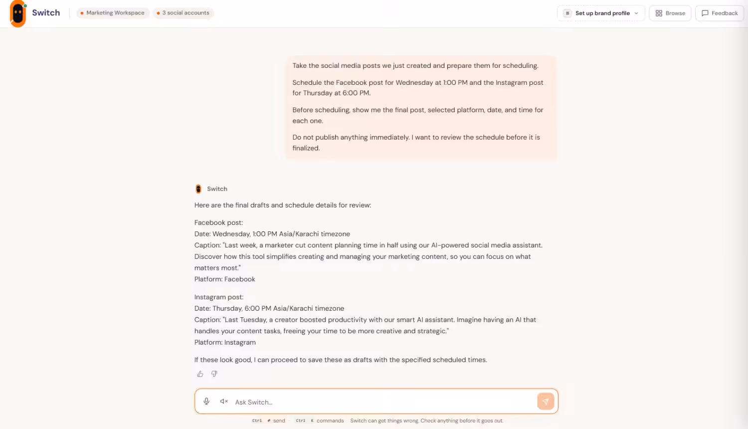 How AI Agents Are Changing Social Media Workflows 2 Social Champ's Switch Showing Scheduled Posts for Facebook and Instagram