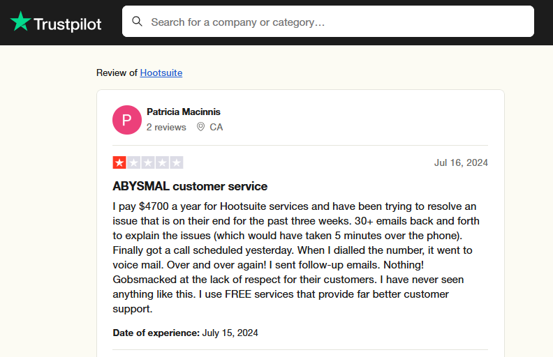 Hootsuite’s Review on Trustpilot