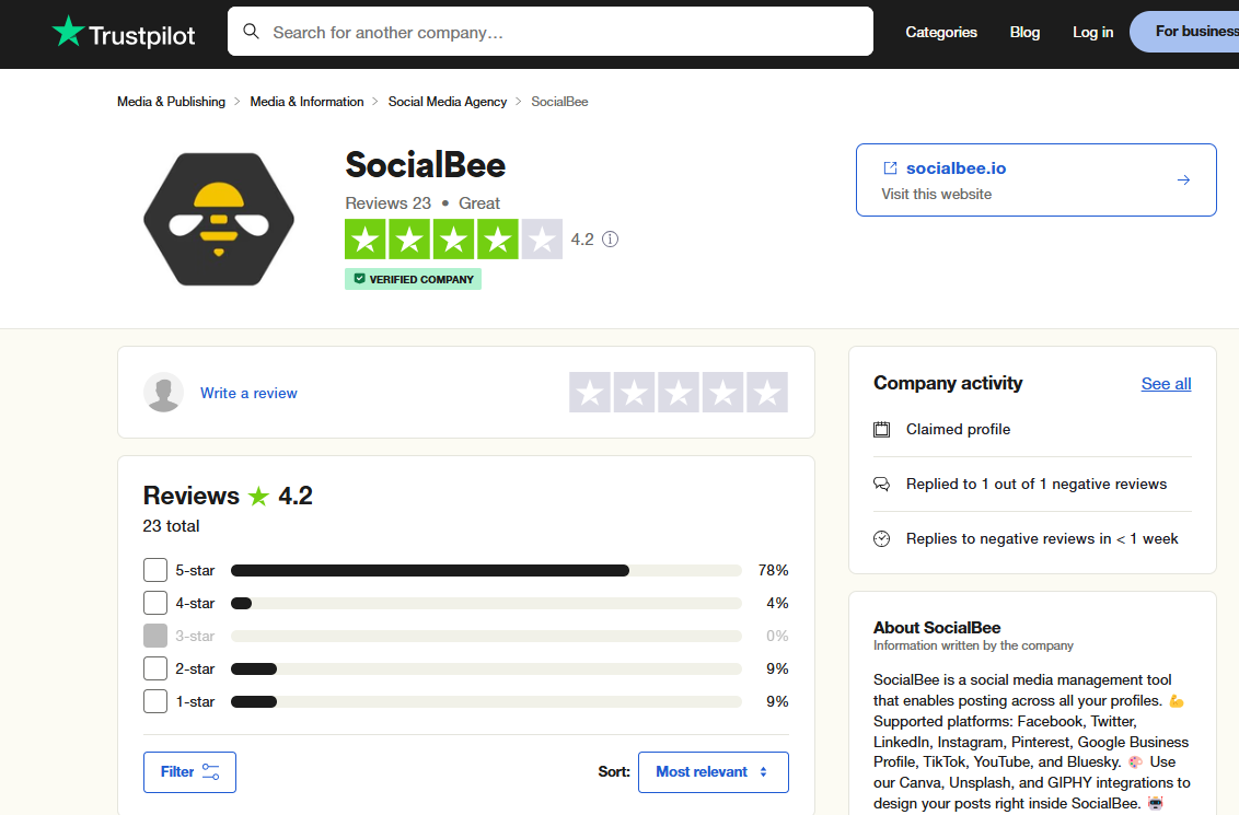 SocialBee’s Rating on Trustpilot