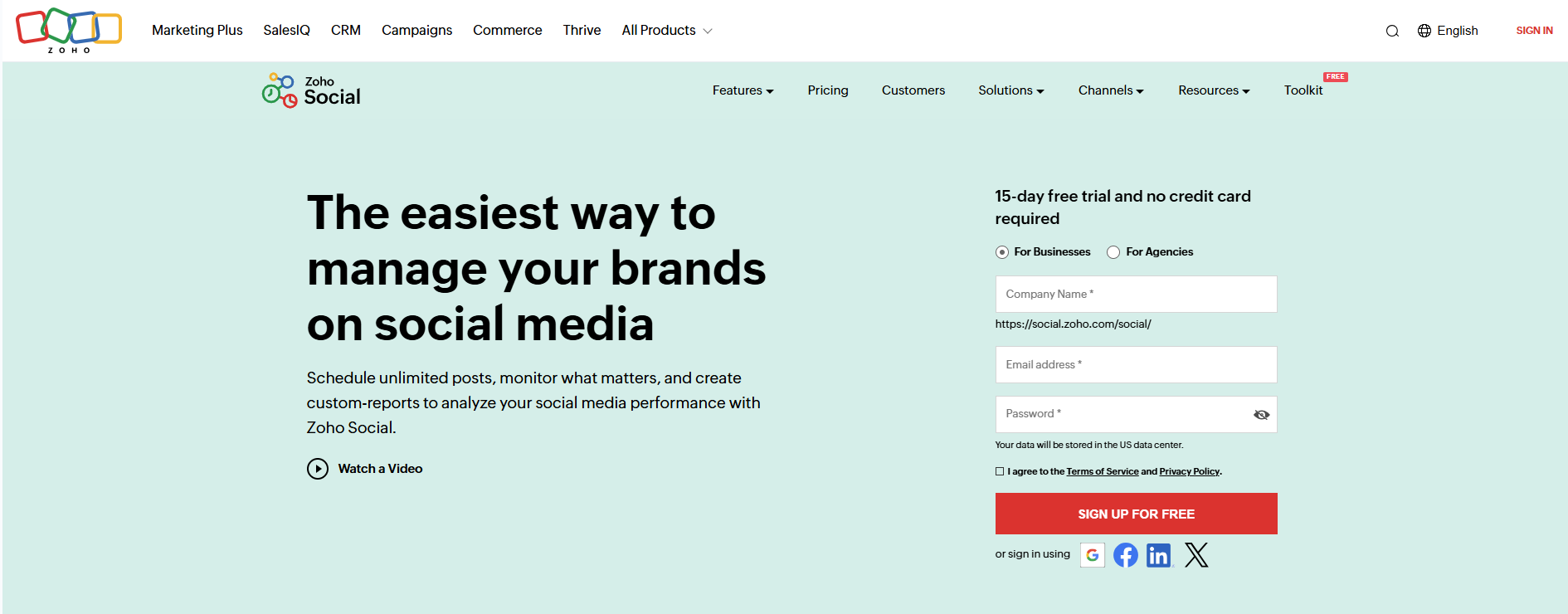 Zoho Social Webpage