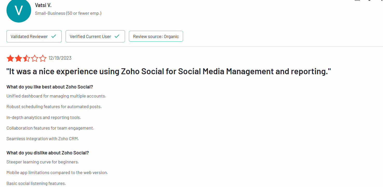 A Review for Zoho Social on G2