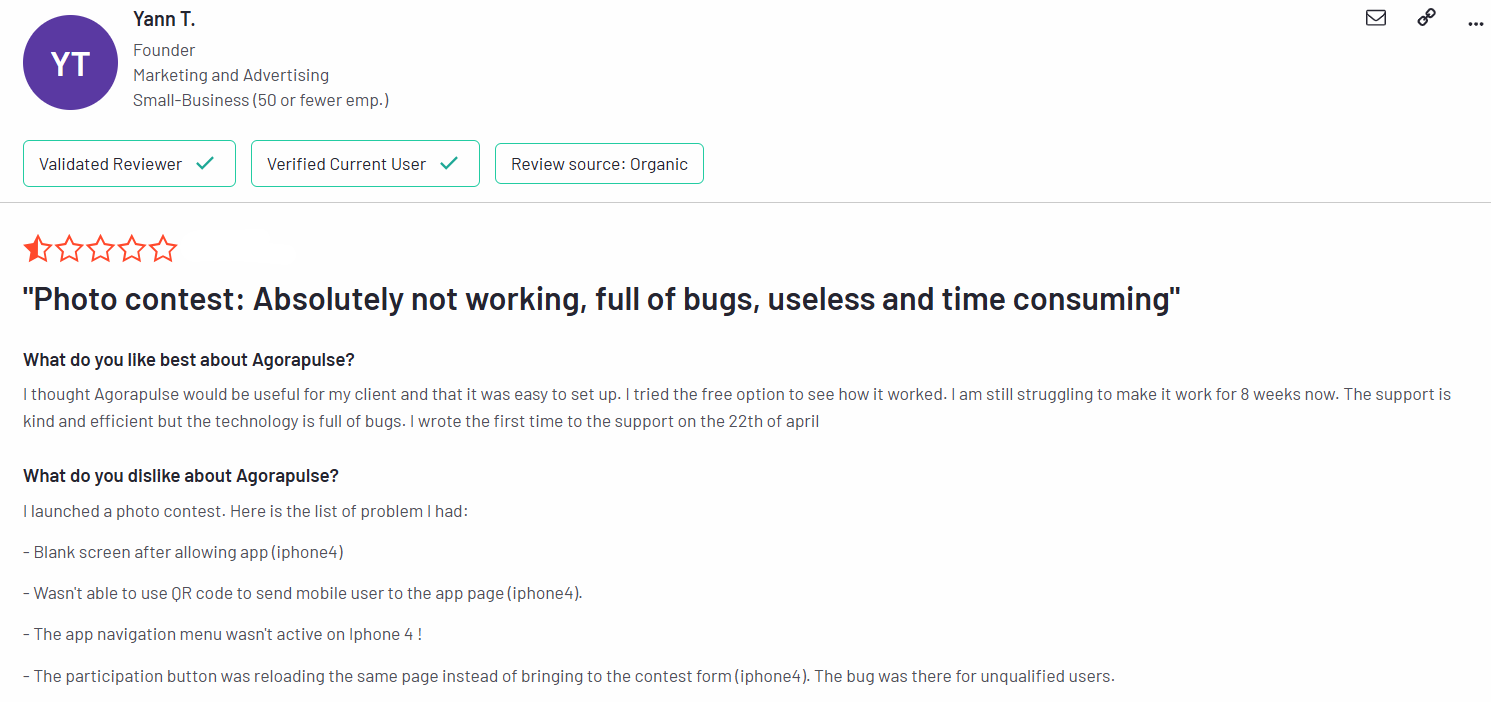 Agorapulse Review about Bugs on G2