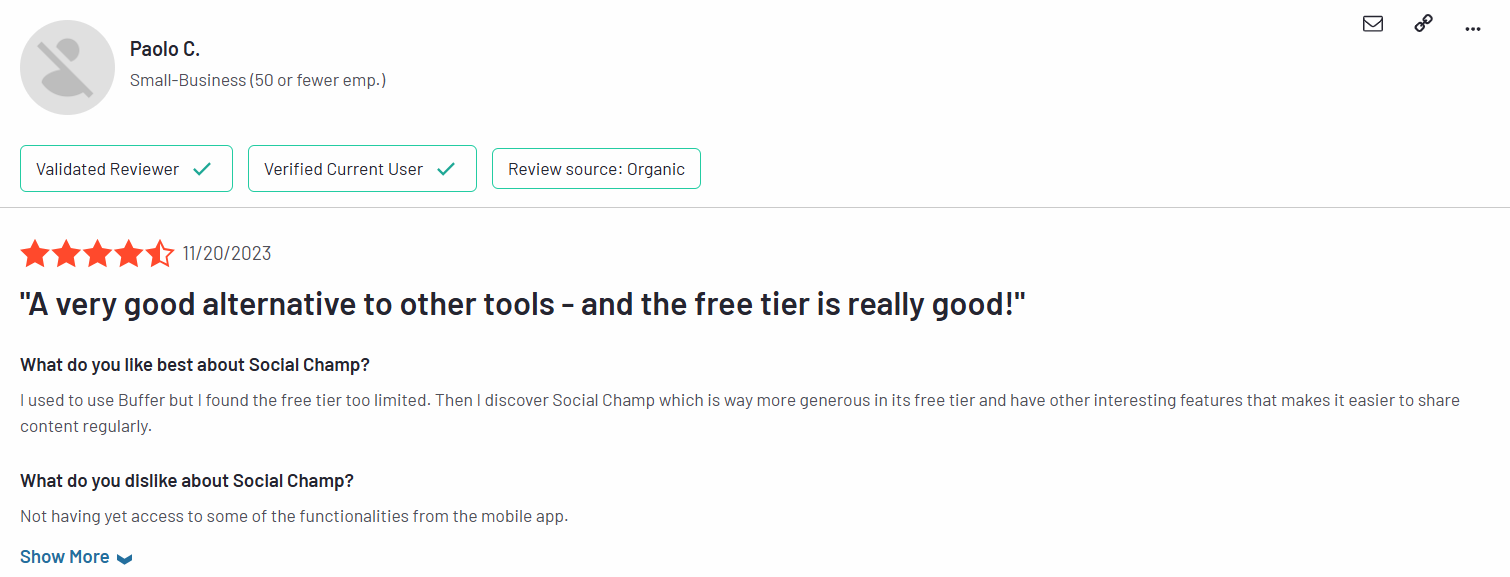 A Social Champ User Reviewed With a 5-Star Rating
