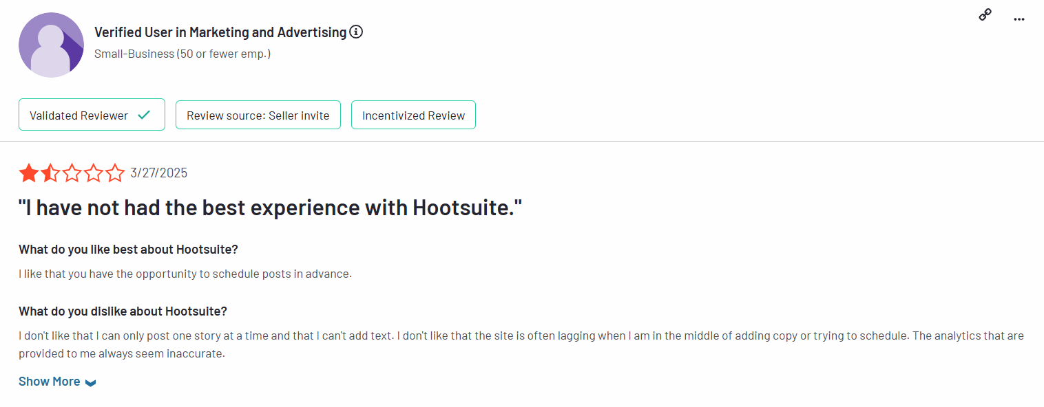 A Hootsuite User Review With a 2-Star Rating