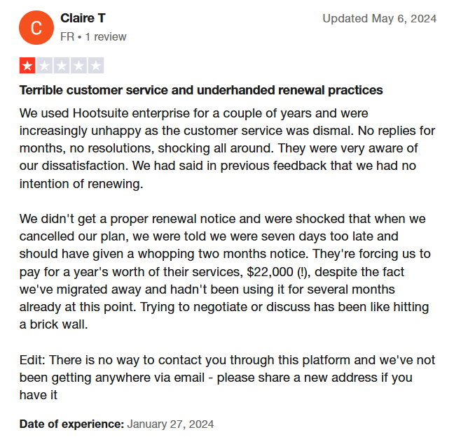 A User Highlighted Hootsuite’s Customer Service in His Review