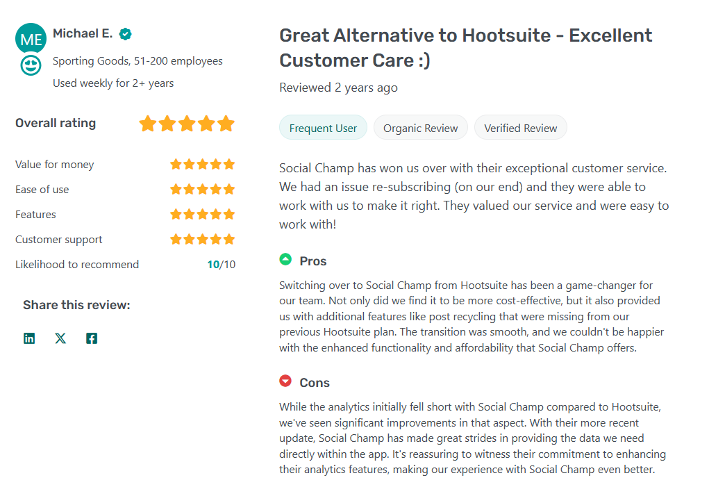 A Social Champ User Highlighted It as a Good Alternative