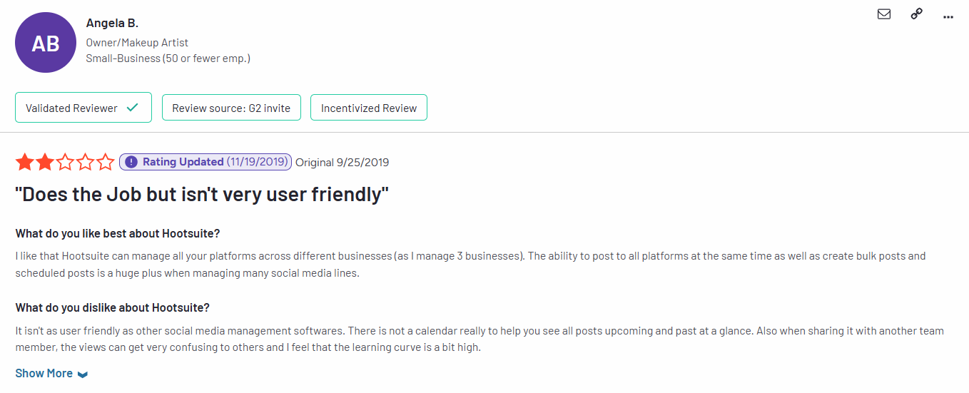 A Hootsuite User Reviewed With a 2-Star Rating on G2