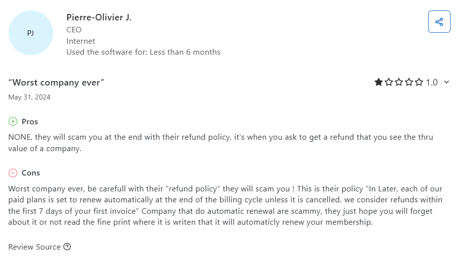 A Later User Reviewed With a One-Star Rating