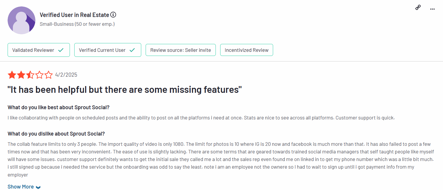 A Sprout Social User Reviewed With a Three-Star Rating