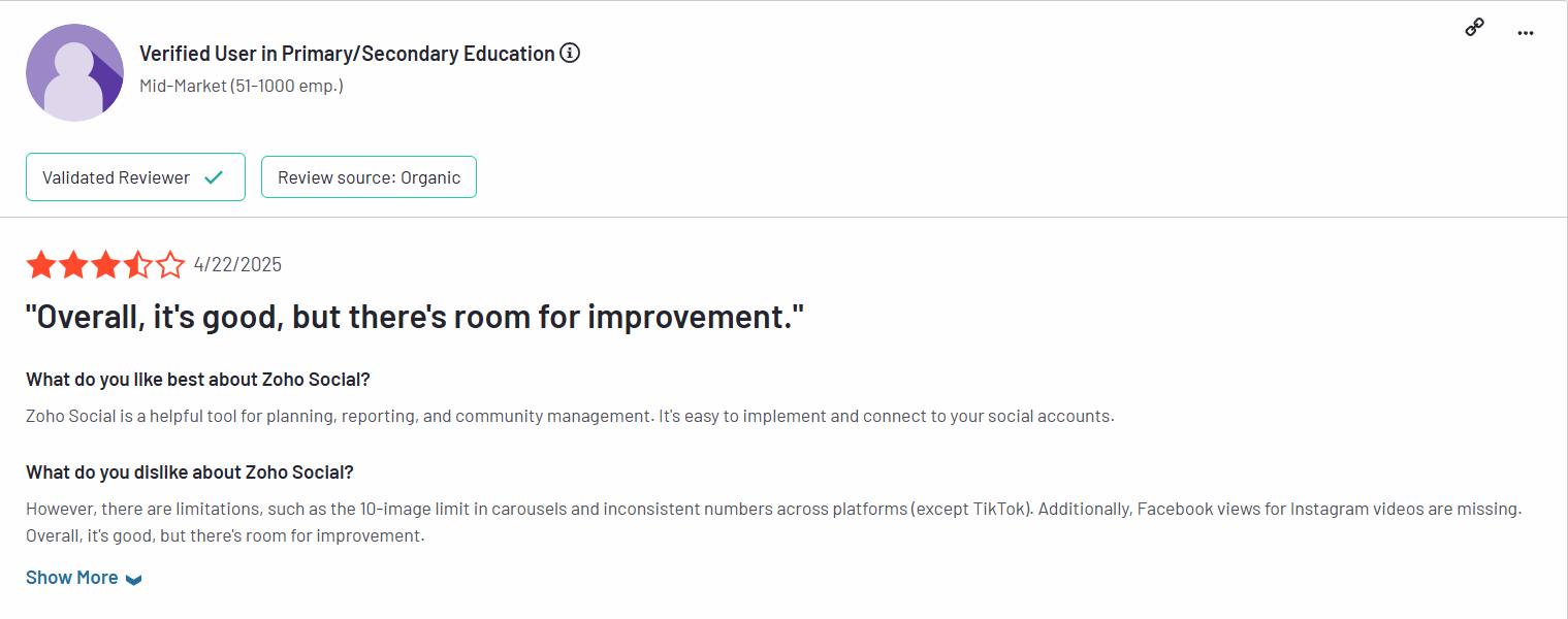 A Zoho Social User Reviewed With a four-Star Rating