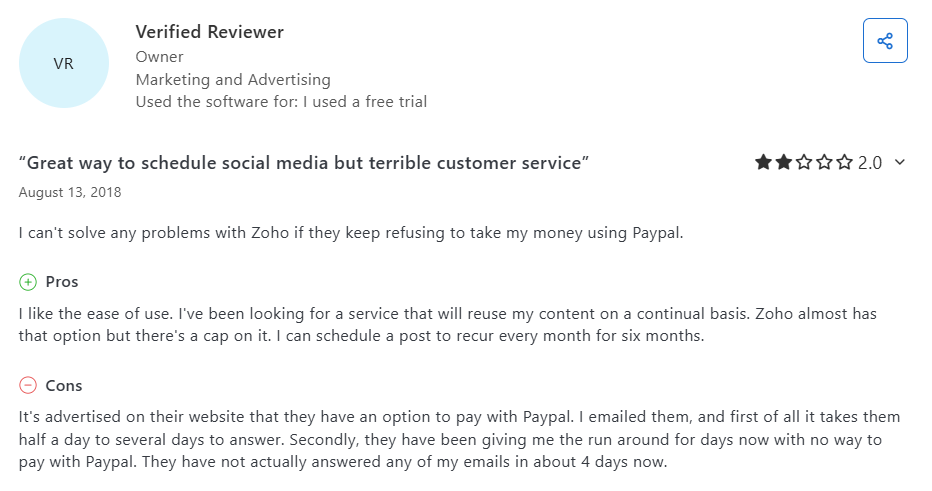 A Zoho Social’s User Review on Capterra