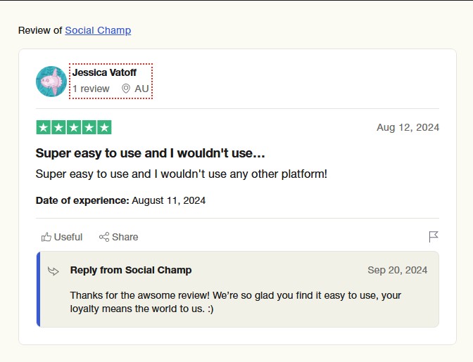 Review About Social Champ’s Ease of Use on Trustpilot