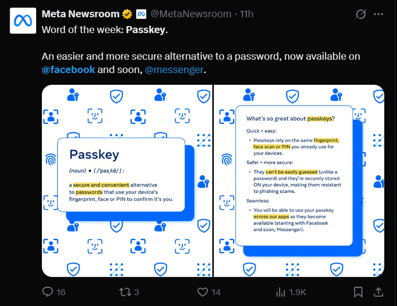 A Tweet on Facebook’s Passkey Support