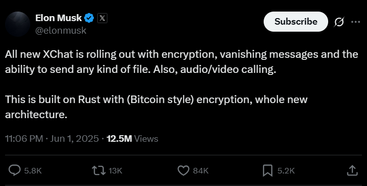 Elon Musk's Tweet on XChat