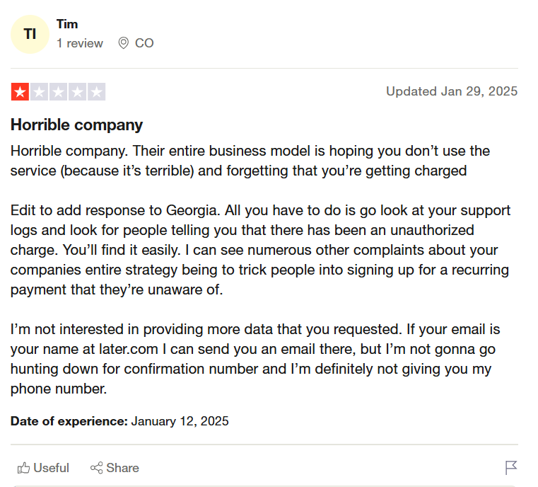 A Later User Shared His Experience on Trustpilot
