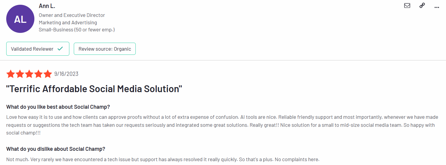 A Social Champ User Praised Its Features on G2