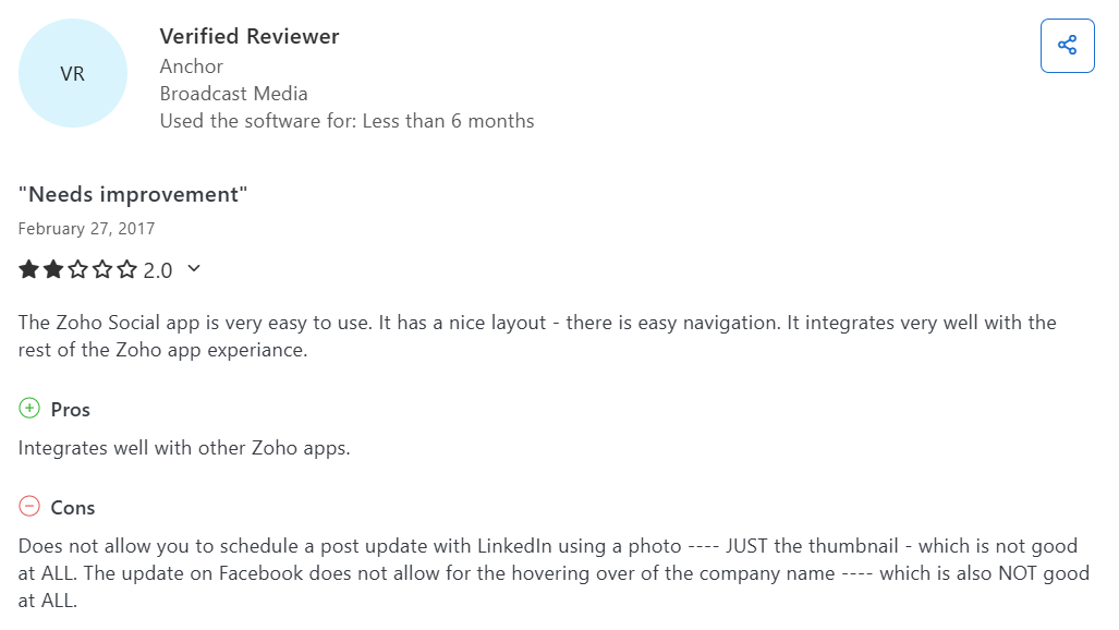 A Zoho Social User Reviewed With a 2-Star Rating