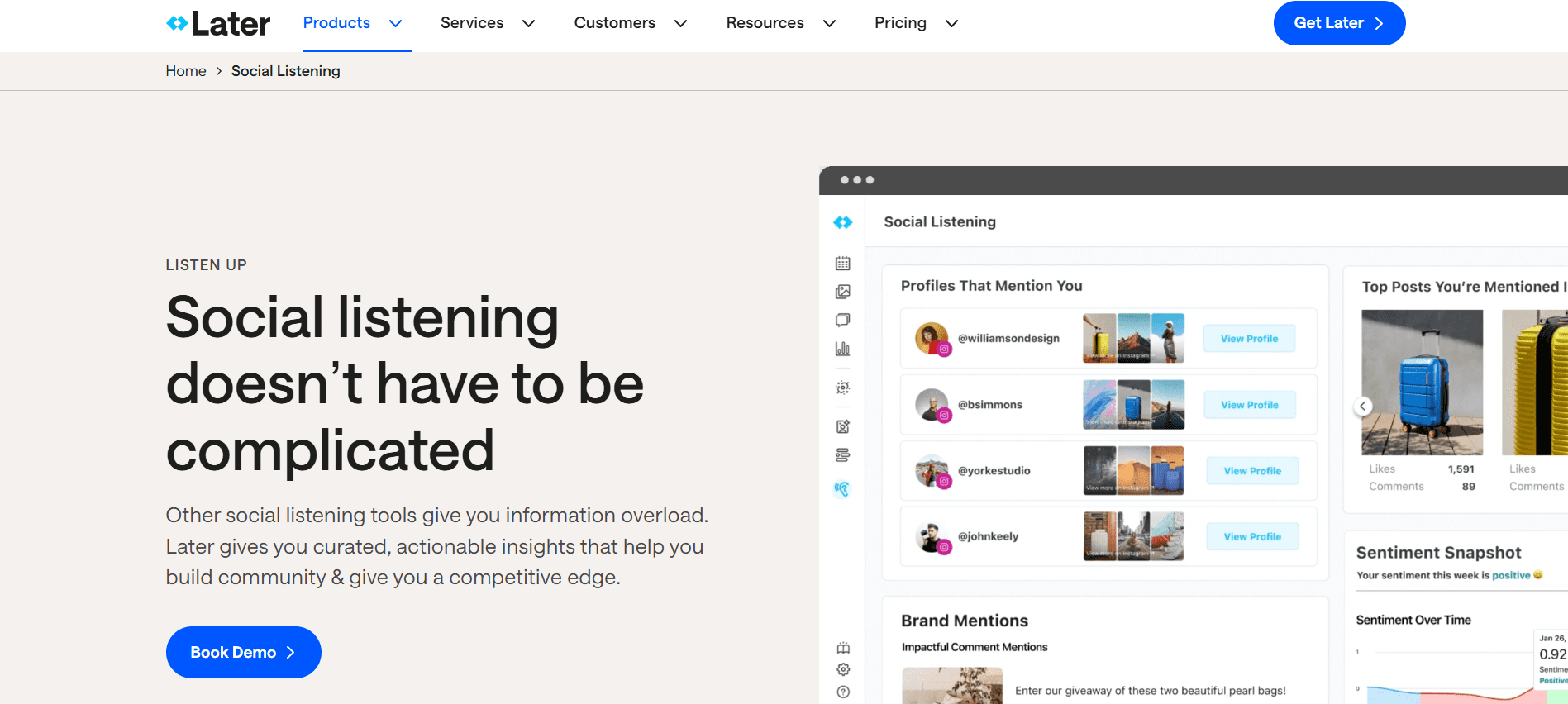 Later's Social Listening Landing Page