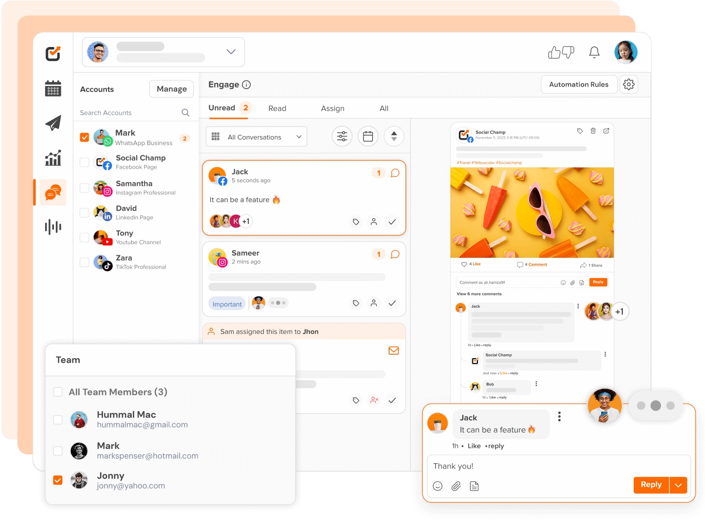 Social Champ unified inbox showing team replies, assignments, and shared message management