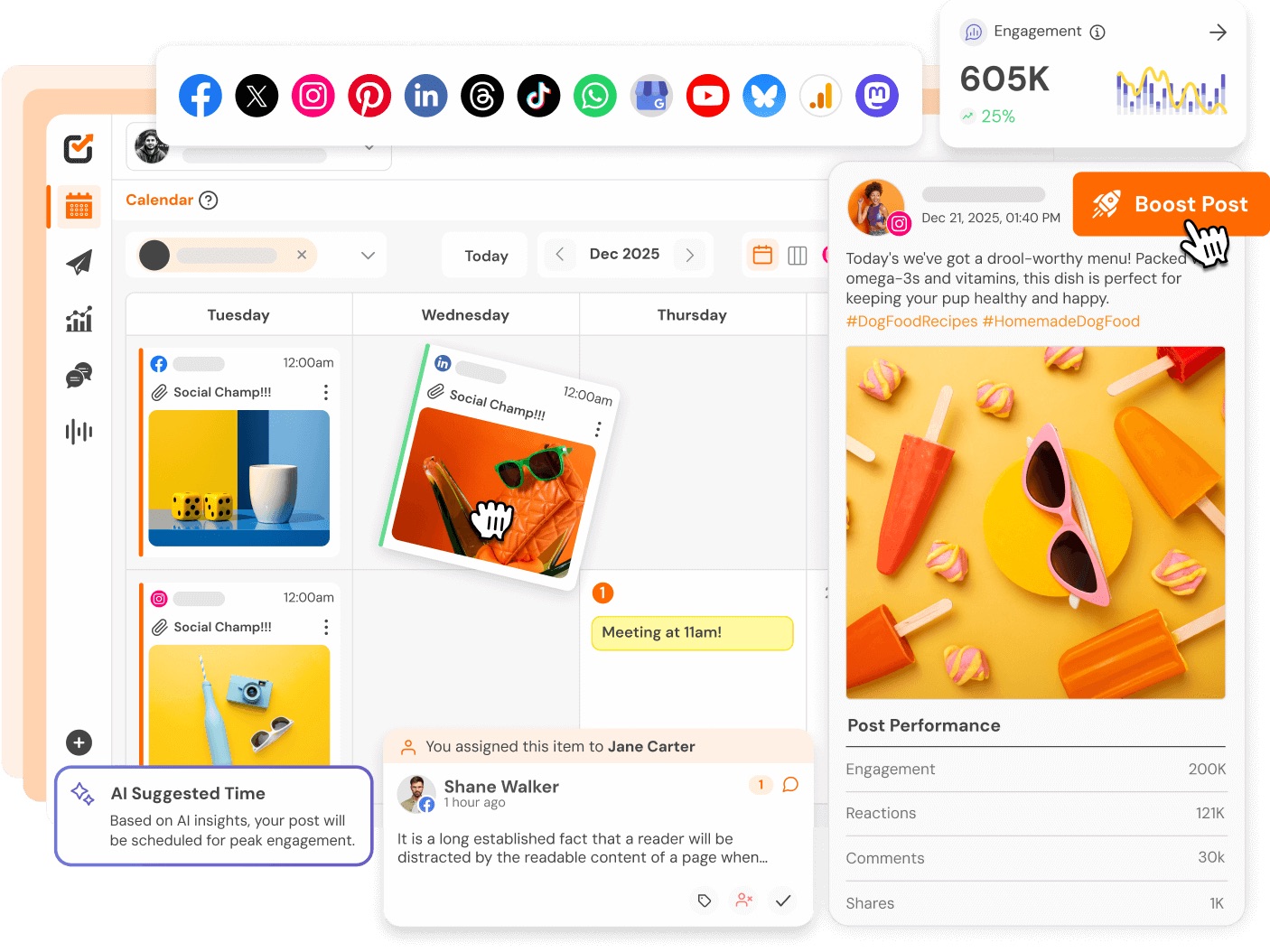 Social Champ content calendar showing cross-channel planning and visual scheduling