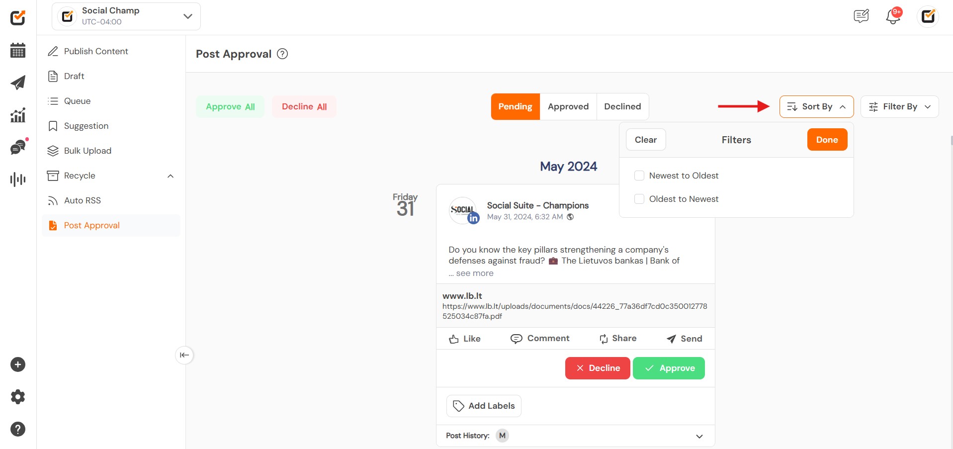 Social Champ approval workflow showing review queues and approve-or-decline actions
