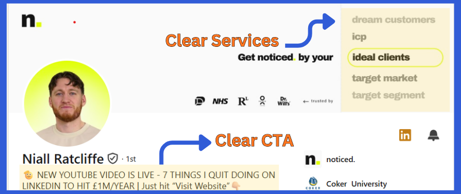 Linkedin Headline showcasing services offered, target audience, and mission statement for clear communication