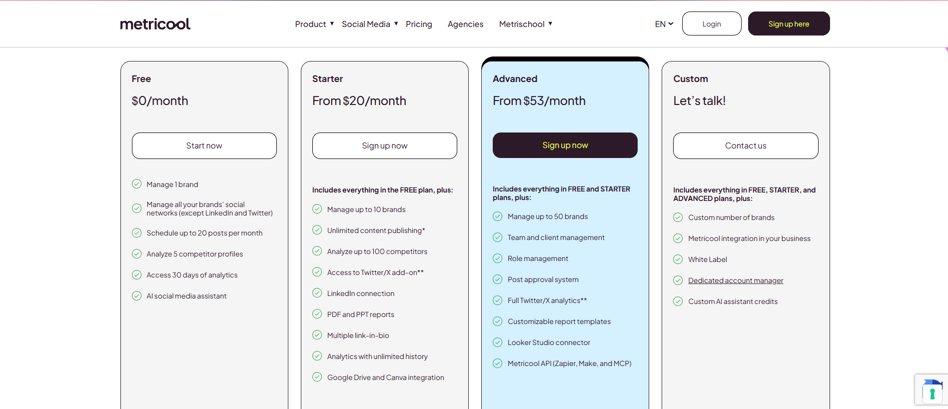 Metricool's Pricing