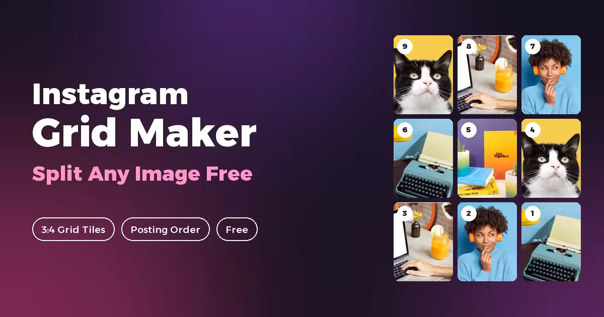 Instagram Grid Maker: a three by three grid of photo tiles numbered nine down to one, showing the order to post them in