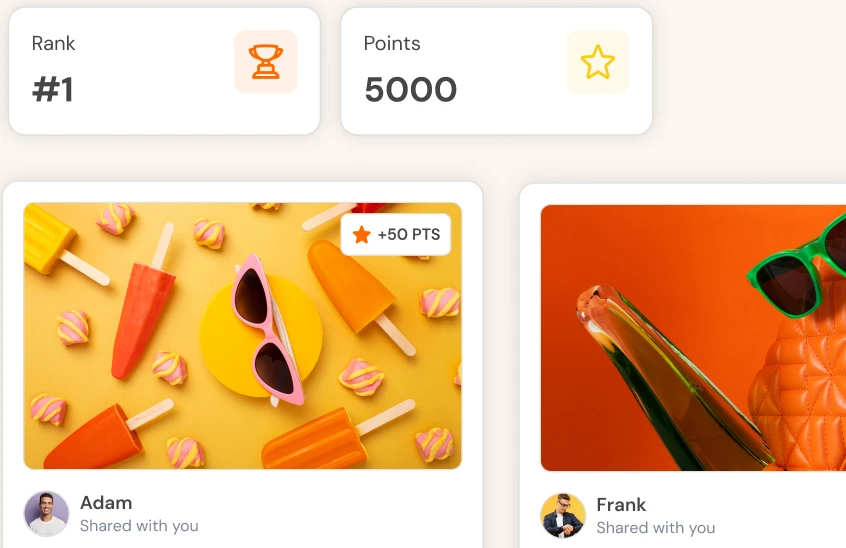Brand Advocacy design mockup: rank and points tiles and two shared campaign posts (sample data)