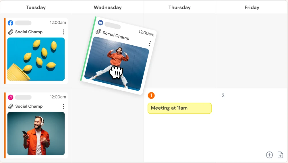 Social Champ calendar week with scheduled Facebook, Instagram and LinkedIn posts for one client (sample data)