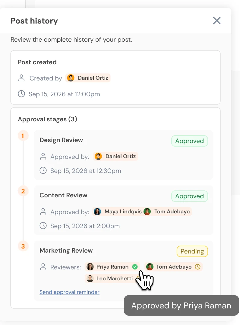 Social Champ post history with three approval stages: design and content reviews approved, marketing review pending, and a link to send an approval reminder (sample data)
