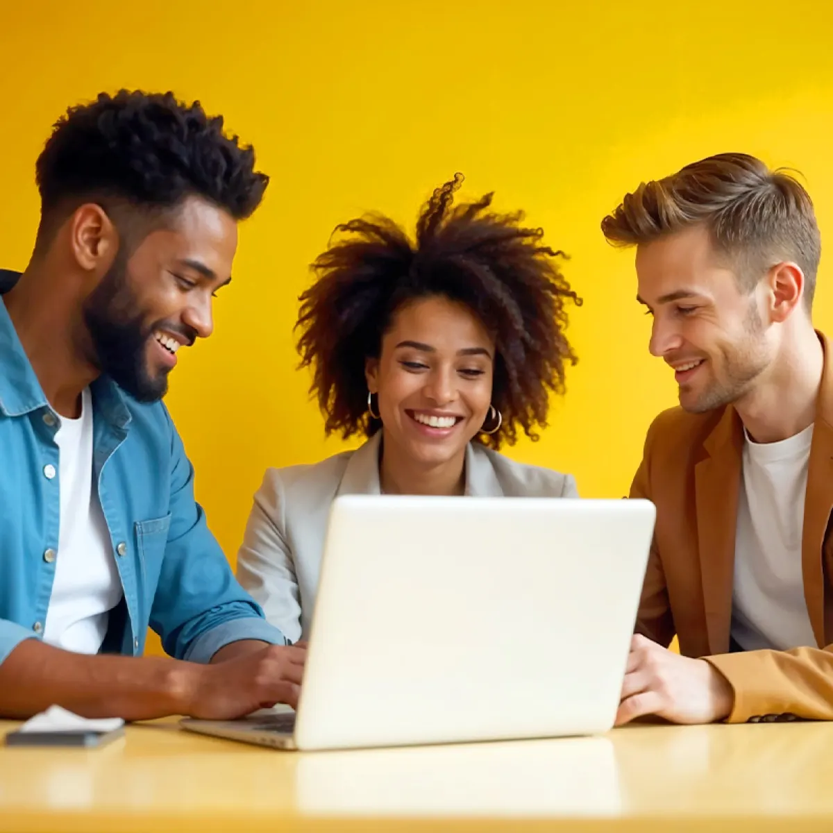 Three colleagues laughing around a laptop in front of a yellow wall