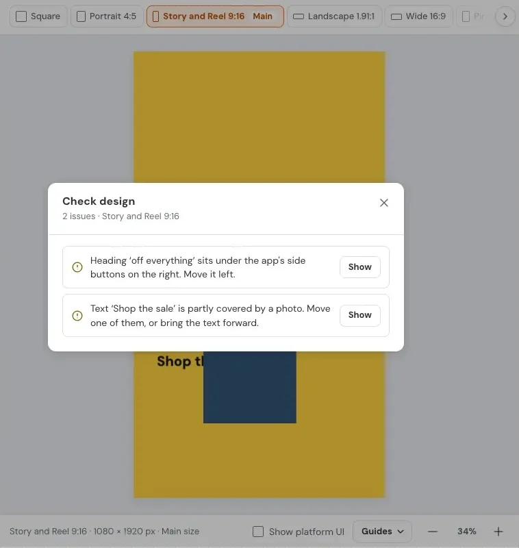 Check design listing two issues on a Story design, each with a Show button