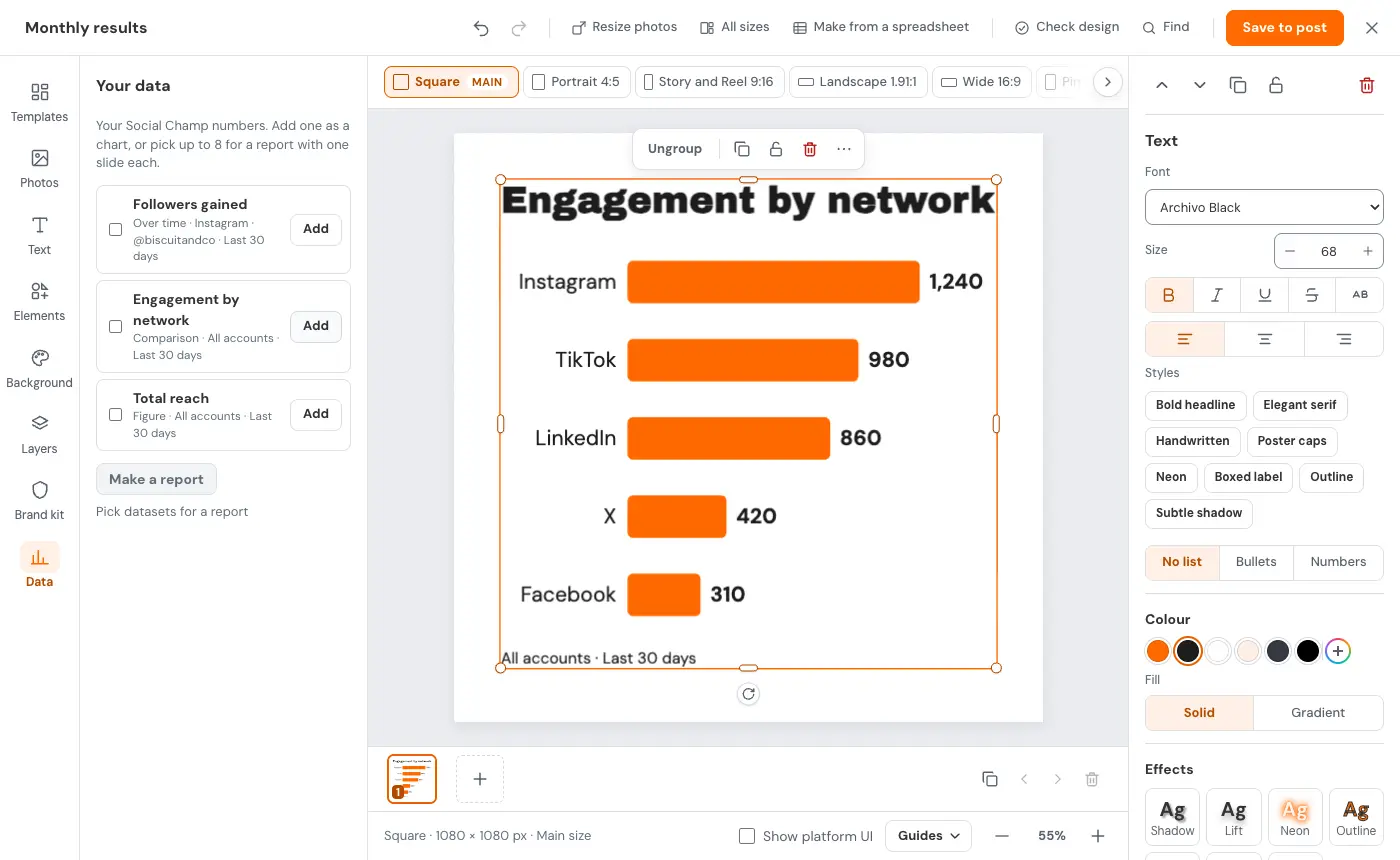 The Data tab with a bar chart built from example analytics