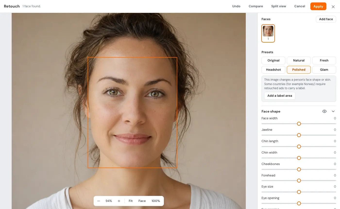 Retouch open and zoomed on the face, one face found, with the Polished preset selected