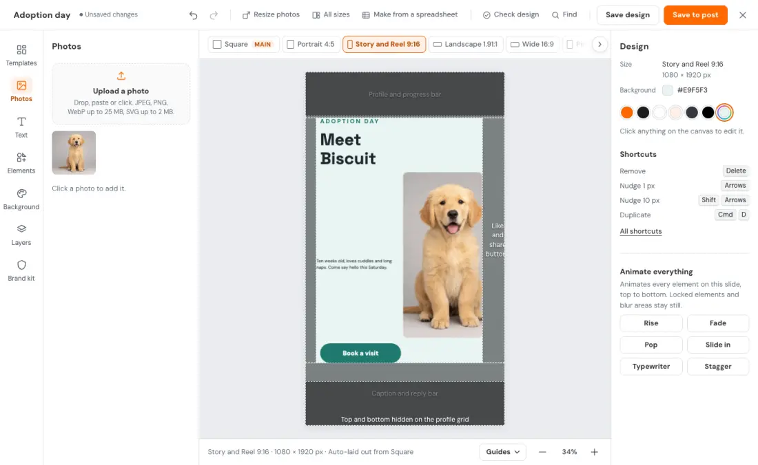 The editor showing the Story size with Show platform UI on, marking where the app covers the post