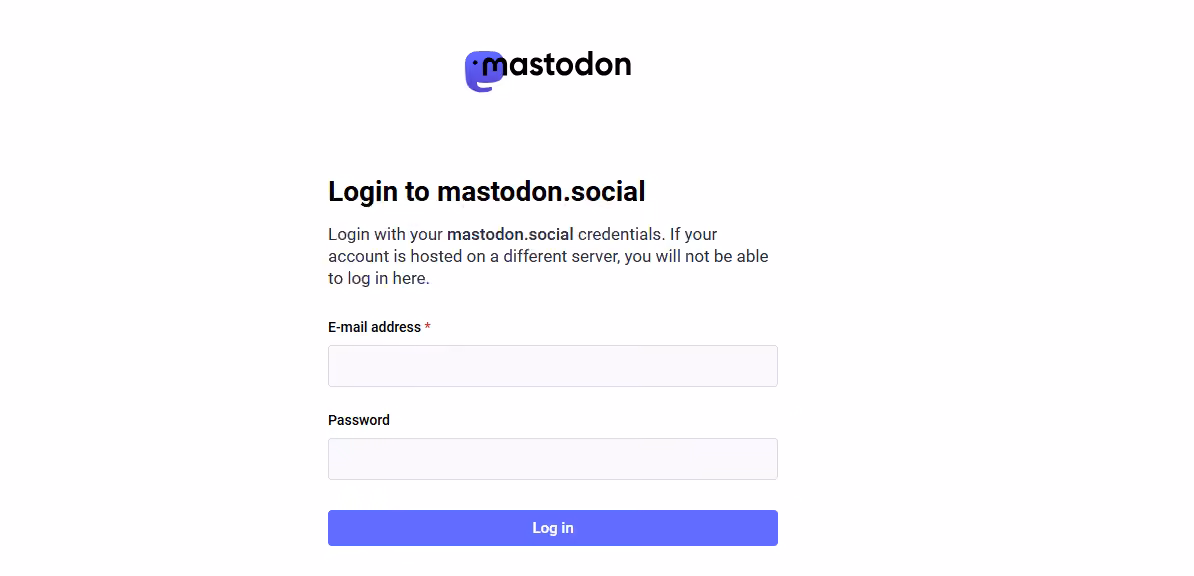 Mastodon vs Twitter (X): Detailed Comparison Guide in 2026 3 A screenshot of the Mastodon login page, highlighting the platform's focus on decentralized social networking.