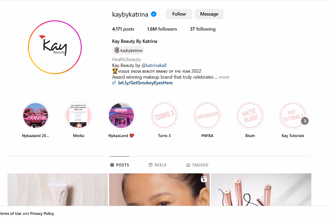 How to Sell on Instagram in 2026 + 15 Instagram Shopping Tips 3 A Screenshot of Kay Beauty by Katrina’s Optimized Instagram Profile