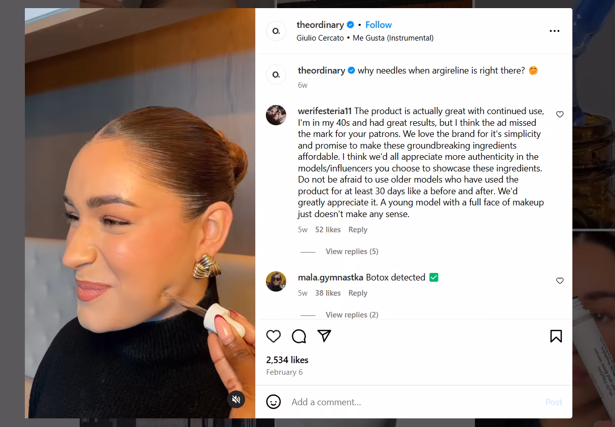 Digital Marketing Funnel Explained: Stages, Strategies, and Best Practices in 2026 4 The Ordinary’s Instagram Post Comparing Their Product to an Injectable Skincare Alternative